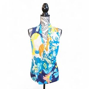 Cabi Sleevless Sheer Tropical Flora Faux Wrap Blouse Size XS In Blues